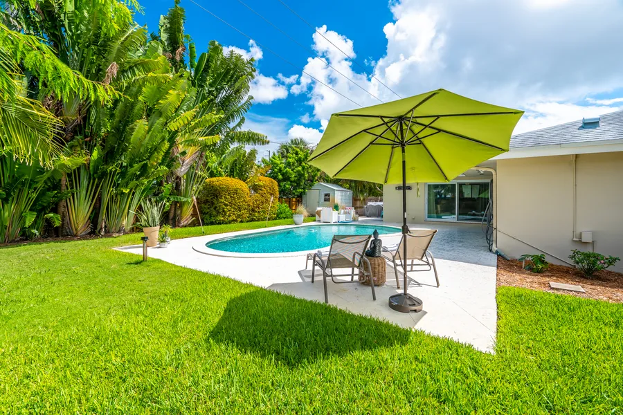Backyard pool with green lawn and umbrella
